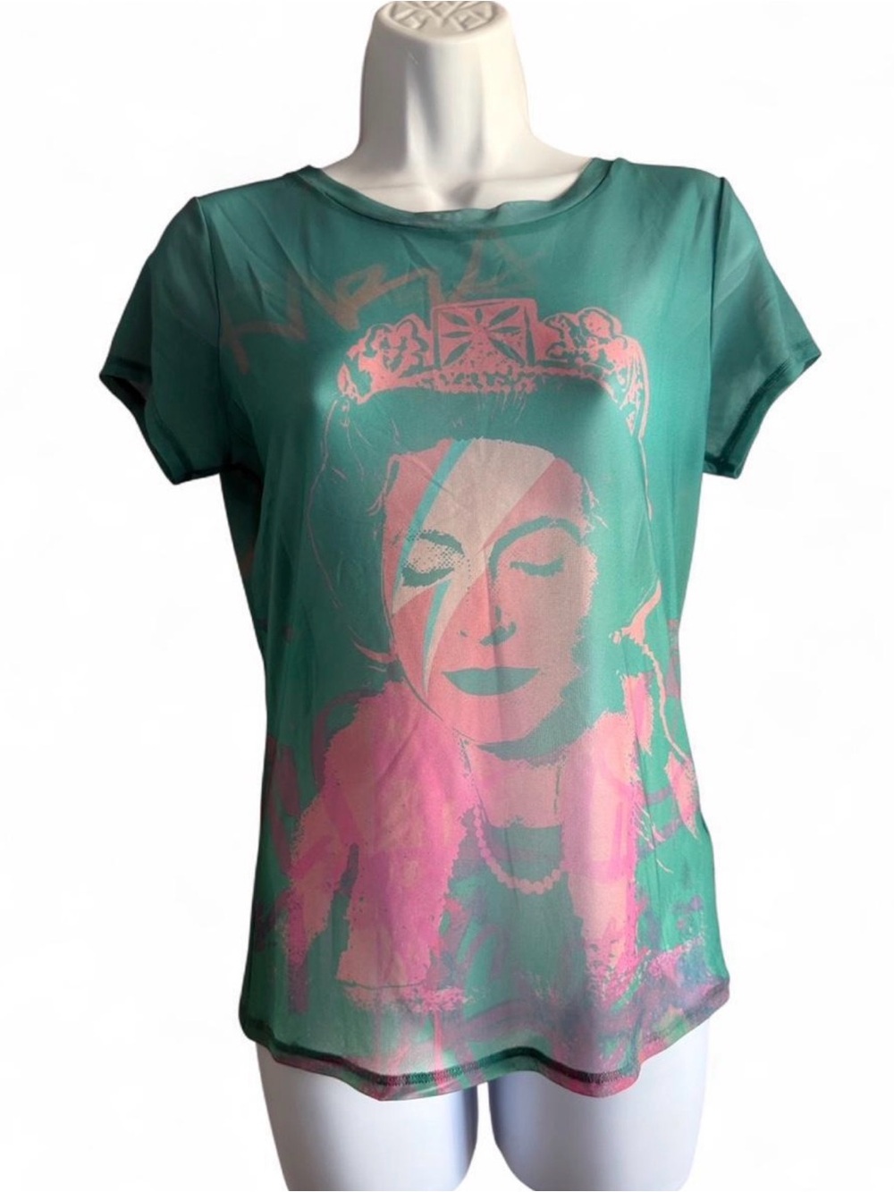 Guess Teal Short-Sleeve mesh Tee with Pink Graphic Portrait